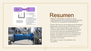 Resumen
Objetivo: Demostrar el proceso de la
automatización de un proceso carbonatación
y llenado de una planta embotelladora
AGREGAR UN PIE DE PÁGINA
6
• Dentro del proceso de la elaboración de bebidas
gasificadas, el proceso de carbonatación es el
último en intervenir debido a que aquí se le
colocará el gas (CO2) a la bebida que pasó por
los procesos anteriores paulatinamente. El
proceso de automatización de carbonatación y
llenado de botellas se da con la ayuda de una
bomba aceleradora que funciona con el
principio de Venturi.
• MP: Agua, Azúcar, Concentrado, Gas
Carbónico.
 