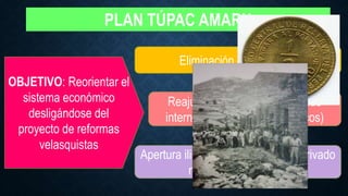 PLAN TÚPAC AMARU
OBJETIVO: Reorientar el
sistema económico
desligándose del
proyecto de reformas
velasquistas
Eliminación de subsidios
Reajuste de precios en mercado
interno( paquetazos económicos)
Apertura ilimitada hacia el capital privado
nacional y extranjero
 