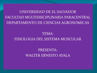 UNIVERSIDAD DE EL SALVADOR
FACULTAD MULTIDISCIPLINARIA PARACENTRAL
DEPARTAMENTO DE CIENCIAS AGRONOMICAS
TEMA:
FISIOLOGIA DEL SISTEMA MUSCULAR
PRESENTA:
WALTER ERNESTO AYALA
 