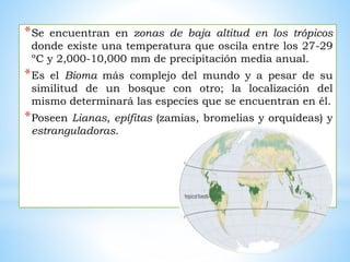 *Se encuentran en zonas de baja altitud en los trópicos 
donde existe una temperatura que oscila entre los 27-29 
ºC y 2,000-10,000 mm de precipitación media anual. 
*Es el Bioma más complejo del mundo y a pesar de su 
similitud de un bosque con otro; la localización del 
mismo determinará las especies que se encuentran en él. 
*Poseen Lianas, epífitas (zamias, bromelias y orquídeas) y 
estranguladoras. 
 