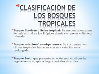 * 
*Bosque Lluvioso o Selva tropical: Se encuentra en zonas 
de baja altitud en los Trópicos donde siempre es caliente y 
húmedo. 
*Bosque estacional semi-perennes: Se encuentran en 
climas tropicales húmedos con una estación seca 
prolongada. 
*Bosque Seco: que presenta estación seca en el que la 
vegetación se adapta a largos períodos de aridez. 
 