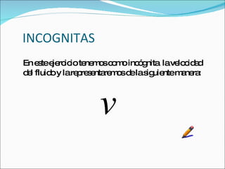 INCOGNITAS En este ejercicio tenemos como incógnita  la velocidad del fluido y la representaremos de la siguiente manera:  