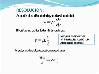 RESOLUCION: El esfuerzo cortante también es igual A partir de la Ec. de la ley de la viscosidad Igualando las dos ecuaciones se tiene: porque si el espesor es mínimo la distribución de velocidades es lineal: 