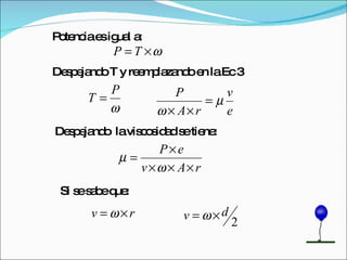 Despejando T y reemplazando en la Ec 3 Potencia es igual a: Despejando  la viscosidad se tiene:   Si se sabe que:   