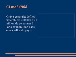 13 mai 1968 Grève générale: défilés rassemblent 200.000 à un million de personnes à Paris et un million dans autres villes du pays. 