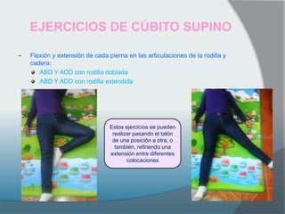 EJERCICIOS DE CÚBITO SUPINO
~ Flexión y extensión de cada pierna en las articulaciones de la rodilla y
cadera:
ABD Y ADD con rodilla doblada
ABD Y ADD con rodilla extendida
Estos ejercicios se pueden
realizar pasando el talón
de una posición a otra, o
también, refiriendo una
extensión entre diferentes
colocaciones
 