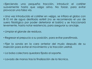 • Ejerciendo una pequeña tracción, introducir el catéter
suavemente hasta que salga orina. No forzar, para evitar
provocar una falsa vía.
• Una vez introducido el catéter en vejiga, se inflara el globo con
8-10 ml de agua destilada estéril (no se recomienda el uso de
suero fisiológico por poder deteriorar el balón) y se traccionará
levemente, hasta notar resistencia, para asegurar su anclaje.
• Limpiar el glande de residuos.
• Regresar el prepucio a su posición, para evitar parafimosis.
• Fijar la sonda en la cara anterior del muslo después de su
inserción para evitar el movimiento y la tracción uretral.
• La bolsa colectora quedara fijada al soporte.
• Lavado de manos tras la finalización de la técnica.
 