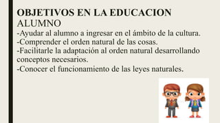 OBJETIVOS EN LA EDUCACION
ALUMNO
-Ayudar al alumno a ingresar en el ámbito de la cultura.
-Comprender el orden natural de las cosas.
-Facilitarle la adaptación al orden natural desarrollando
conceptos necesarios.
-Conocer el funcionamiento de las leyes naturales.
 