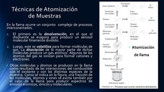 Técnicas de Atomización
de Muestras
En la llama ocurre un conjunto complejo de procesos
interconectados.
1. El primero es la desolvatación, en el que el
disolvente se evapora para producir un aerosol
molecular finamente dividido.
2. Luego, este se volatiliza para formar moléculas de
gas. La disociación de la mayor parte de dichas
moléculas produce un gas atómico. Algunos de los
átomos del gas se ionizan para formar cationes y
electrones.
• Otras moléculas y átomos se producen en la llama
como resultado de las interacciones del combustible
con el oxidante y con las distintas especies de la
muestra. Como se indica en la figura, una fracción de
las moléculas, átomos y iones se excita también por
el calor de la llama para producir espectros de
emisión atómicos, iónicos y moleculares.
• Atomización
de llama
 