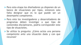  Para esta etapa los diseñadores ya disponen de un
banco de situaciones por tipos, entonces solo
falta designar que es lo que puede ser un
desempeño competente.
 Para esto los investigadores y desarrolladores de
programas deben investigar a que tipo de
contenidos disciplinares, podría corresponder este
tipo de situaciones.
 Se utiliza la pregunta: ¿Cómo actúa una persona
competente ante una situación dada y con que
recursos?
 