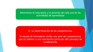 Determinar la naturaleza y la duración de cada una de las
actividades de aprendizaje
a) La determinación de las competencias.
El equipo de formadores recibe una serie de competencias
que se refieren a una concepción particular del concepto de
competencia.
 