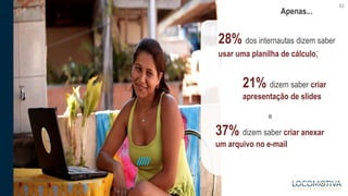 TÍTULO DO TEXTO CORRIDO
63
Apenas...
e
28% dos internautas dizem saber
usar uma planilha de cálculo;
21% dizem saber criar...