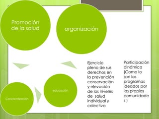 Promoción
de la salud
Concientización
educación
organización
Ejercicio
pleno de sus
derechos en
la prevención
conservación
y elevación
de los niveles
de salud
individual y
colectiva
Participación
dinámica
(Como lo
son los
programas
ideados por
las propias
comunidade
s )
 