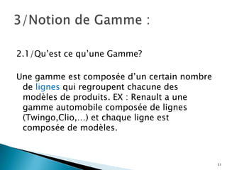 2.1/Qu’est ce qu’une Gamme?

Une gamme est composée d’un certain nombre
 de lignes qui regroupent chacune des
 modèles de produits. EX : Renault a une
 gamme automobile composée de lignes
 (Twingo,Clio,…) et chaque ligne est
 composée de modèles.



                                             31
 