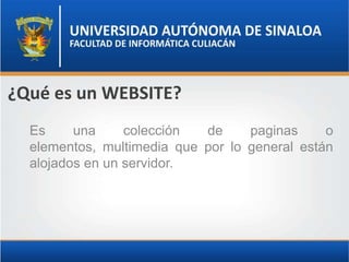 ¿Qué es un WEBSITE?
  Es     una     colección  de     paginas     o
  elementos, multimedia que por lo general están
  alojados en un servidor.
 