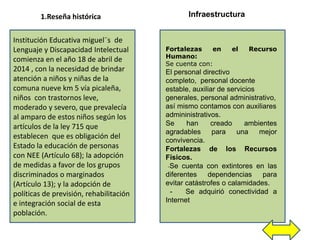 1.Reseña histórica
Institución Educativa miguel¨s de
Lenguaje y Discapacidad Intelectual
comienza en el año 18 de abril de
2014 , con la necesidad de brindar
atención a niños y niñas de la
comuna nueve km 5 vía picaleña,
niños con trastornos leve,
moderado y severo, que prevalecía
al amparo de estos niños según los
artículos de la ley 715 que
establecen que es obligación del
Estado la educación de personas
con NEE (Artículo 68); la adopción
de medidas a favor de los grupos
discriminados o marginados
(Artículo 13); y la adopción de
políticas de previsión, rehabilitación
e integración social de esta
población.
Infraestructura
Fortalezas en el Recurso
Humano:
Se cuenta con:
El personal directivo
completo, personal docente
estable, auxiliar de servicios
generales, personal administrativo,
así mismo contamos con auxiliares
admininistrativos.
Se han creado ambientes
agradables para una mejor
convivencia.
Fortalezas de los Recursos
Físicos.
-Se cuenta con extintores en las
diferentes dependencias para
evitar catástrofes o calamidades.
- Se adquirió conectividad a
Internet
 