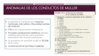 ANOMALIAS DE LOS CONDUCTOS DE MULLER
 Inicialmente se manifiestan por: trastornos
menstruales, dolor pélvico, infecundidad, perdida
del embarazo.
 57% de las mujeres pueden embarazarse.
 Principales complicaciones obstétricas: perdidas
repetitivas del embarazo, parto prematuro,
presentación fetal anormal y prematurez.
 Se acompañan de anomalías renales en 30-50%
de los casos.
 CLASIFICACION DE BUTTRAM Y GIBBONS.
 
