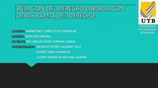 UNIVERSIDAD
TECNOLOGICA
BOLIVIANA
MARKETING Y DIRECCION COMERCIAL
DERECHO LABORAL
DR. CARLOS JHONY JORDAN LARREA
-JACKOVIC PEDRO CALIZAYA CRUZ
-LIONED LOBO HUARACHI
-LUCERO INGRID MUJICA BALLADARES
 