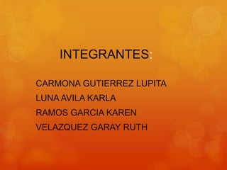 INTEGRANTES: 
CARMONA GUTIERREZ LUPITA 
LUNA AVILA KARLA 
RAMOS GARCIA KAREN 
VELAZQUEZ GARAY RUTH 
 