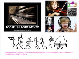 Puede estar relacionada con la inteligencia lingüística, con la inteligencia espacial y con la 
inteligencia corporal cinética. 
 