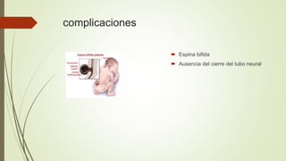 complicaciones
 Espina bifida
 Ausencia del cierre del tubo neural
 