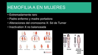 HEMOFILIA A EN MUJERES
• Extremadamente raro
• Padre enfermo y madre portadora
• Alteraciones del cromosoma X: Sd de Turner
• Inactivation X no balanceada
 