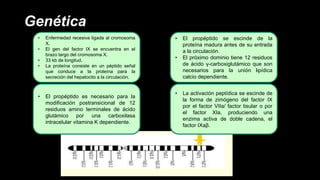 Genética
• Enfermedad recesiva ligada al cromosoma
X.
• El gen del factor IX se encuentra en el
brazo largo del cromosoma X.
• 33 kb de longitud.
• La proteína consiste en un péptido señal
que conduce a la proteína para la
secreción del hepatocito a la circulación.
• El propéptido es necesario para la
modificación postransicional de 12
residuos amino terminales de ácido
glutámico por una carboxilasa
intracelular vitamina K dependiente.
• El propéptido se escinde de la
proteína madura antes de su entrada
a la circulación.
• El próximo dominio tiene 12 residuos
de ácido γ-carboxiglutámico que son
necesarios para la unión lipídica
calcio dependiente.
• La activación peptídica se escinde de
la forma de zimógeno del factor IX
por el factor VIIa/ factor tisular o por
el factor XIa, produciendo una
enzima activa de doble cadena, el
factor IXaβ.
 