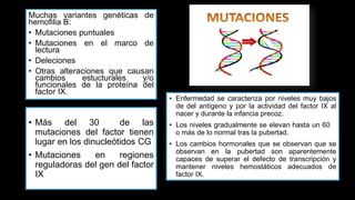 Muchas variantes genéticas de
hemofilia B:
• Mutaciones puntuales
• Mutaciones en el marco de
lectura
• Deleciones
• Otras alteraciones que causan
cambios estucturales y/o
funcionales de la proteína del
factor IX.
• Enfermedad se caracteriza por niveles muy bajos
de del antígeno y por la actividad del factor IX al
nacer y durante la infancia precoz.
• Los niveles gradualmente se elevan hasta un 60%
o más de lo normal tras la pubertad.
• Los cambios hormonales que se observan que se
observan en la pubertad son aparentemente
capaces de superar el defecto de transcripción y
mantener niveles hemostáticos adecuados de
factor IX.
• Más del 30% de las
mutaciones del factor tienen
lugar en los dinucleótidos CG
• Mutaciones en regiones
reguladoras del gen del factor
IX
 