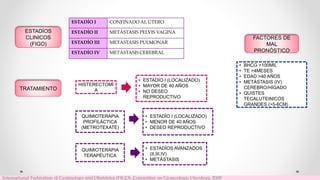 ESTADÍOS
CLINICOS
(FIGO)
ESTADÍO I CONFINADO AL ÚTERO
ESTADÍO II METÁSTASIS PELVIS VAGINA
ESTADÍO III METÁSTASIS PULMONAR
ESTADÍO IV METÁSTASIS CEREBRAL
TRATAMIENTO
HISTERECTOMÍ
A
• ESTADÍO I (LOCALIZADO)
• MAYOR DE 40 AÑOS
• NO DESEO
REPRODUCTIVO
QUIMIOTERAPIA
PROFILÁCTICA
(METROTEXATE)
• ESTADÍO I (LOCALIZADO)
• MENOR DE 40 AÑOS
• DESEO REPRODUCTIVO
QUIMIOTERAPIA
TERAPÉUTICA
• ESTADÍOS AVANZADOS
(II,III,IV)
• METÁSTASIS
FACTORES DE
MAL
PRONÓSTICO
• BHCG >100MIL
• TE >4MESES
• EDAD >40 AÑOS
• METÁSTASIS (IV)
CEREBRO/HÍGADO
• QUISTES
TECALUTEINICOS
GRANDES (>5-6CM)
International Federation of Gynecology and Obstetrics (FIGO). Committee on Gynecologic Oncology, 2009
 