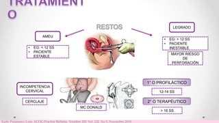 LEGRADO
AMEU
• EG: > 12 SS
• PACIENTE
INESTABLE
• EG: < 12 SS
• PACIENTE
ESTABLE
MAYOR RIESGO
DE
PERFORACIÓN
INCOMPETENCIA
CERVICAL
CERCLAJE
MC DONALD
12-14 SS
1° O PROFILÁCTICO
2° O TERAPÉUTICO
> 16 SS
Early Pregnancy Loss. ACOG Practice Bulletin. Number 200. Vol. 132, No 5, November 2018
 