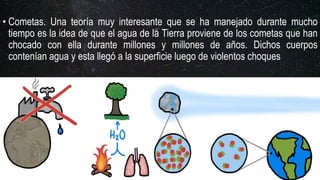 • Cometas. Una teoría muy interesante que se ha manejado durante mucho
tiempo es la idea de que el agua de la Tierra proviene de los cometas que han
chocado con ella durante millones y millones de años. Dichos cuerpos
contenían agua y esta llegó a la superficie luego de violentos choques
 