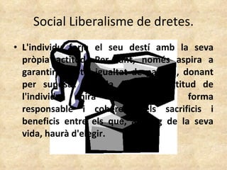 Social Liberalisme de dretes. L'individu forja el seu destí amb la seva pròpia actitud. Per tant, només aspira a garantir la total igualtat de partida, donant per suposat que la posterior actitud de l'individu anirà assumint, de forma responsable i coherent, els sacrificis i beneficis entre els que, al llarg de la seva vida, haurà d'elegir. 