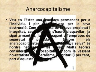 Anarcocapitalisme Veu en l'Estat una amenaça permanent per a l'individu, i per tant advoca per la seva destrucció. Com a defensa de la seva propietat i integritat, cada individu s'haurà d'espavilar, ja sigui armant-se, ja sigui pagant a "empreses de seguretat privada". Segons els anarcocapitalistes, aquesta "llei de la selva" és l’ordre natural de les coses. Molts teòrics consideren l'anarcocapitalisme com la vessant no-estatista del liberalisme autoritari (i per tant, part d'aquesta ideologia). 