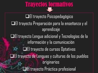 Trayectos formativos
         El trayecto Psicopedagógico
El trayecto Preparación para la enseñanza y el
                   aprendizaje
El trayecto Lengua adicional y Tecnologías de la
          información y la comunicación
       El trayecto de cursos Optativos
El trayecto de Lenguas y culturas de los pueblos
                   originarios
       El trayecto Práctica profesional
 