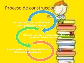 Proceso de construcción

       se caracterizó por ser altamente
          participativo e incluyente.


               Elaboración y función contribuyeron los profesores y
                      estudiantes de las escuelas normales




La participación se realizó a través de
       diferentes modalidades
 