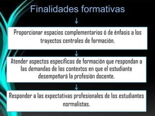 Finalidades formativas

  Proporcionar espacios complementarios ó de énfasis a los
             trayectos centrales de formación.

Atender aspectos específicos de formación que respondan a
    las demandas de los contextos en que el estudiante
            desempeñará la profesión docente.

Responder a las expectativas profesionales de los estudiantes
                        normalistas.
 