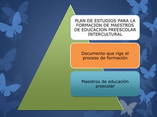 PLAN DE ESTUDIOS PARA LA
 FORMACION DE MAESTROS
DE EDUCACION PREESCOLAR
     INTERCULTURAL



  Documento que rige el
  proceso de formación




  Maestros de educación
        prescolar
 