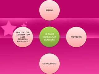 SABERES




PRACTICAS QUE
LE DAN SENTIDO     LA MAYA
     A LOS       CURRICULAR     PROPOSITOS
   TRAYECTOS      CONTIENE
  FORMATIVOS




                 METODOLOGIAS
 
