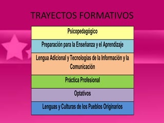 TRAYECTOS FORMATIVOS
                   Psicopedagógico
    Preparación para la Enseñanza y el Aprendizaje
 Lengua Adicional y Tecnologías de la Información y la
                    Comunicación
                 Práctica Profesional
                      Optativos
    Lenguas y Culturas de los Pueblos Originarios
 
