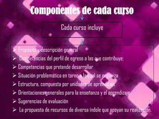 Componentes de cada curso
                        Cada curso incluye


 Propósito y descripción general
 Competencias del perfil de egreso a las que contribuye;
 Competencias que pretende desarrollar
 Situación problemática en torno a la cual se organiza
 Estructura, compuesta por unidades de aprendizaje
 Orientaciones generales para la enseñanza y el aprendizaje
 Sugerencias de evaluación
 La propuesta de recursos de diversa índole que apoyan su realización.
 