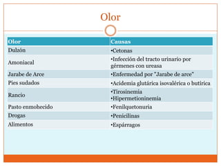 Olor

Olor                 Causas
Dulzón               •Cetonas
                     •Infección del tracto urinario por
Amoniacal
                     gérmenes con ureasa
Jarabe de Arce       •Enfermedad por "Jarabe de arce"
Pies sudados         •Acidemia glutárica isovalérica o butírica
                     •Tirosinemia
Rancio
                     •Hipermetioninemia
Pasto enmohecido     •Fenilquetonuria
Drogas               •Penicilinas
Alimentos            •Espárragos
 
