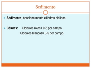 Sedimento

 Sedimento: ocasionalmente cilindros hialinos


 Células:    Glóbulos rojos= 0-3 por campo
             Glóbulos blancos= 0-5 por campo
 