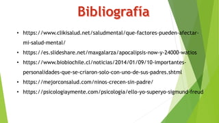 • https://www.clikisalud.net/saludmental/que-factores-pueden-afectar-
mi-salud-mental/
• https://es.slideshare.net/maxgalarza/apocalipsis-now-y-24000-watios
• https://www.biobiochile.cl/noticias/2014/01/09/10-importantes-
personalidades-que-se-criaron-solo-con-uno-de-sus-padres.shtml
• https://mejorconsalud.com/ninos-crecen-sin-padre/
• https://psicologiaymente.com/psicologia/ello-yo-superyo-sigmund-freud
 