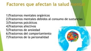 1)Trastornos mentales orgánicos
2)Trastornos mentales debidos al consumo de sustancias
3)Trastornos psicóticos
4)Trastornos afectivos
5)Trastornos de ansiedad
6)Trastornos del comportamiento
7)Trastornos de la personalidad
 