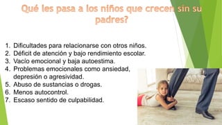 1. Dificultades para relacionarse con otros niños.
2. Déficit de atención y bajo rendimiento escolar.
3. Vacío emocional y baja autoestima.
4. Problemas emocionales como ansiedad,
depresión o agresividad.
5. Abuso de sustancias o drogas.
6. Menos autocontrol.
7. Escaso sentido de culpabilidad.
 