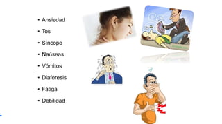 • Ansiedad
• Tos
• Síncope
• Naúseas
• Vómitos
• Diaforesis
• Fatiga
• Debilidad
 