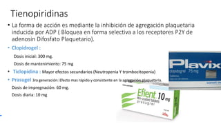 Tienopiridinas
• La forma de acción es mediante la inhibición de agregación plaquetaria
inducida por ADP ( Bloquea en forma selectiva a los receptores P2Y de
adenosin Difosfato Plaquetario).
• Clopidrogel :
Dosis inicial: 300 mg.
Dosis de mantenimiento: 75 mg
• Ticlopidina : Mayor efectos secundarios (Neutropenia Y trombocitopenia)
• Prasugel 3ra generación: Efecto mas rápido y consistente en la agregación plaquetaria.
Dosis de impregnación: 60 mg.
Dosis diaria: 10 mg
 