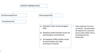 No fibrinoespecificos Fibrinoespecificos
Estreptoquinasa
a) Activador tisular de plasminogeno
(tPA)
b) Reteplase (rtPA) Activador tisular de
plasminogeno recombinante.
c) Tecneteplace (TNK) actiador tisular
de plasminogeno de triple
convinacion mutante.
AGENTES FIBRINOLITICOS
Vida media de 4 a 6 min.
La admón.. Concomitante
de heparina es necesaria
para la vida media corta y
la elevada tasa de
Reoclusión.
 