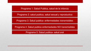 Programa 1: Salud Publica, salud de la infancia
Programa 2: salud publica, salud sexual y reproductiva
Programa 3: Salud publica- enfermedades transmisibles
Programa 4: Salud publica enfermedades NO transmisibles
Programa 5: Salud publica- salud oral

 