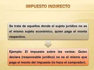 Se trata de aquellos donde el sujeto jurídico no es
el mismo sujeto económico, quien paga el monto
respectivo.
Ejemplo: El impuesto sobre las ventas: Quien
declara (responsable jurídico) no es el mismo que
paga el monto del impuesto (lo hace el comprador).
 